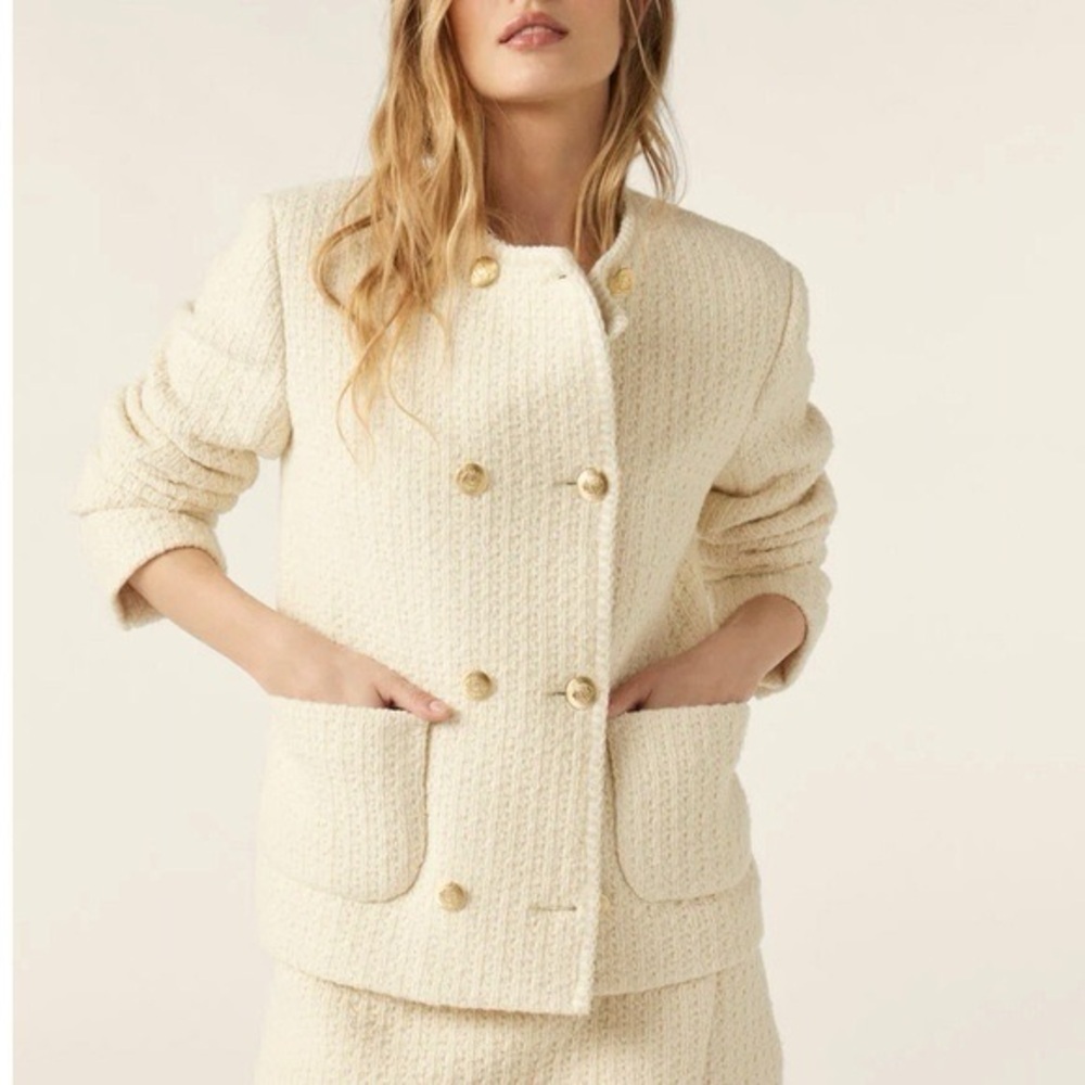 BA&SH Joe Tweed Wool Blend Double-Breasted Jacket Ecru Size 1/Small NWT